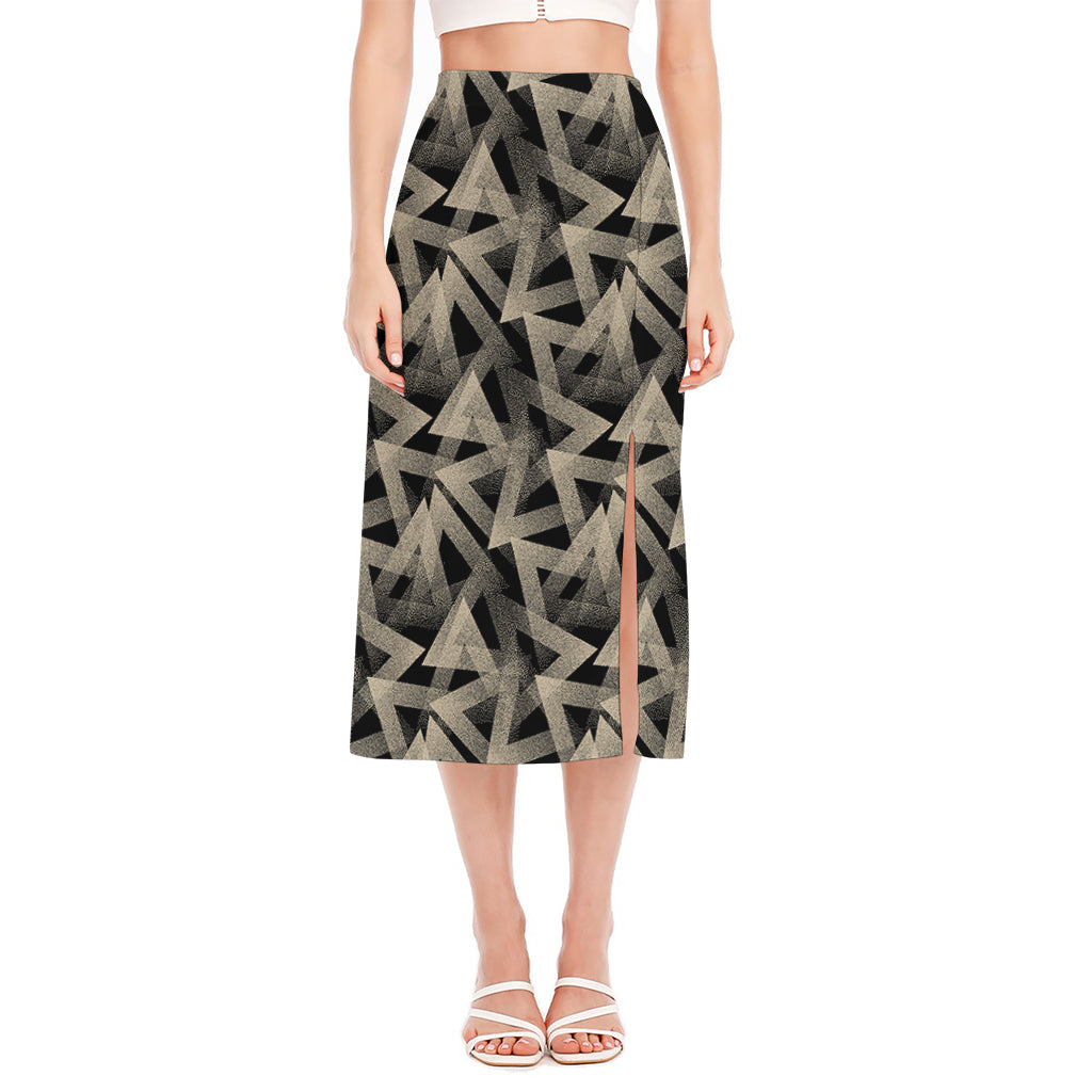 Black And Beige Geometric Triangle Print Side Slit Midi Skirt