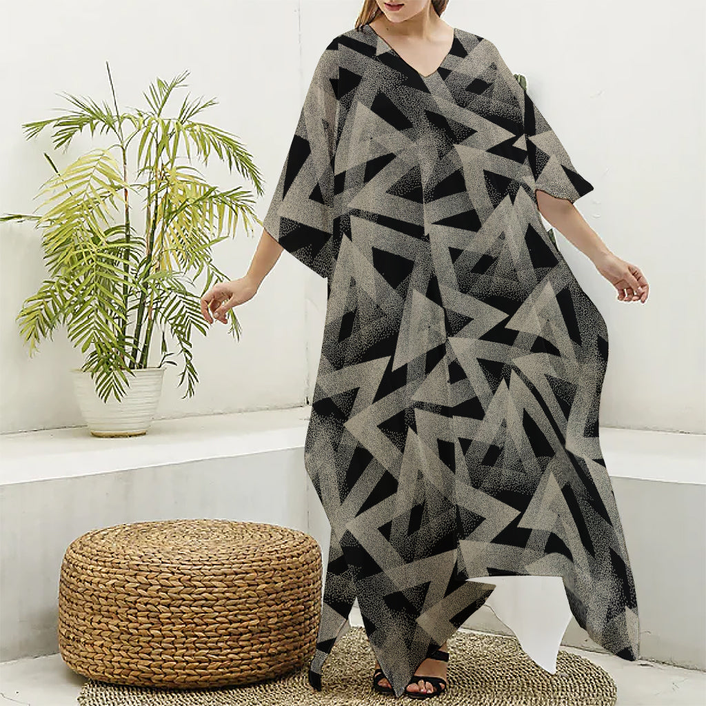 Black And Beige Geometric Triangle Print Silk V-Neck Kaftan Dress