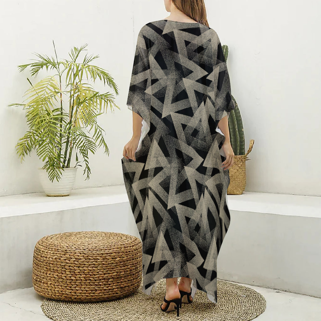 Black And Beige Geometric Triangle Print Silk V-Neck Kaftan Dress