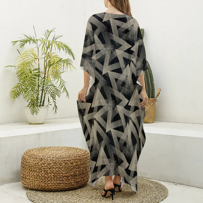 Black And Beige Geometric Triangle Print Silk V-Neck Kaftan Dress