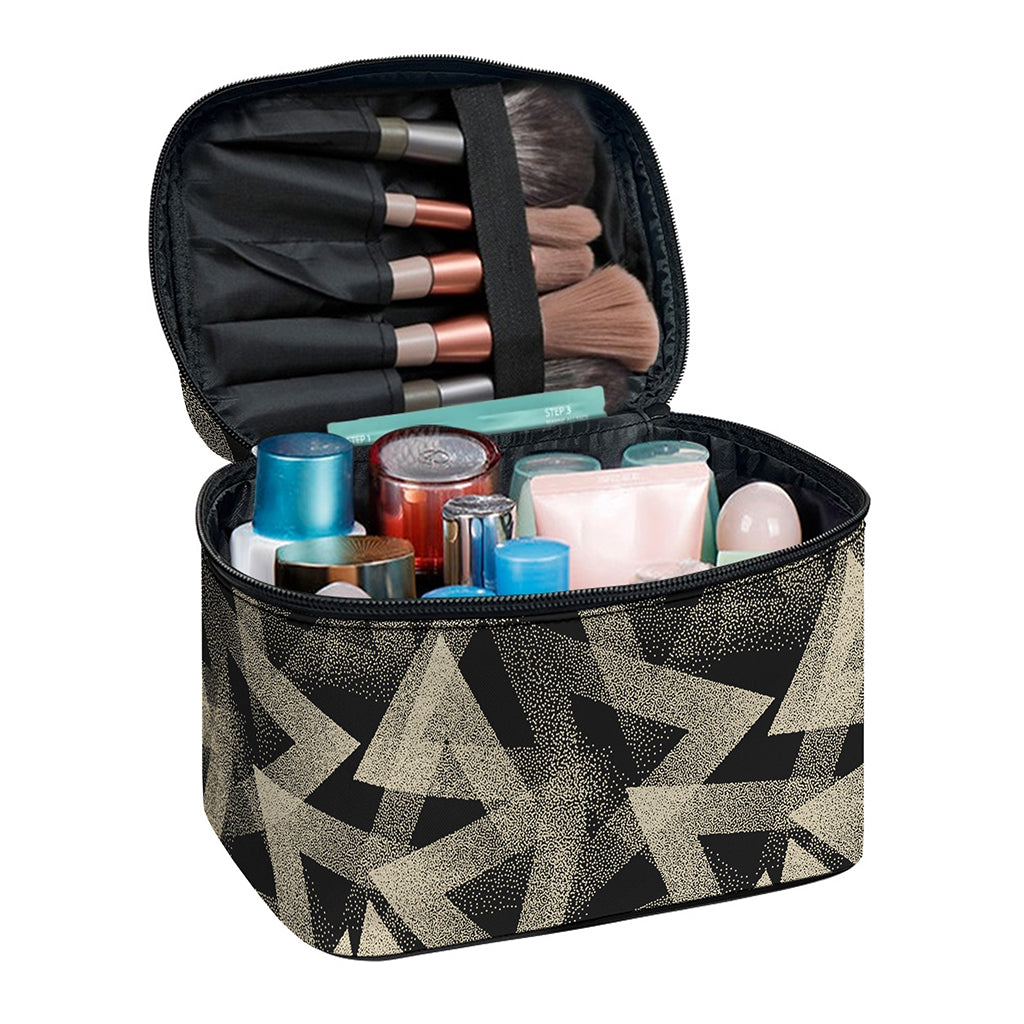 Black And Beige Geometric Triangle Print Travel Makeup Bag