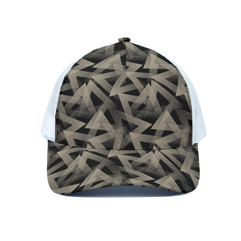 Black And Beige Geometric Triangle Print White Mesh Trucker Cap