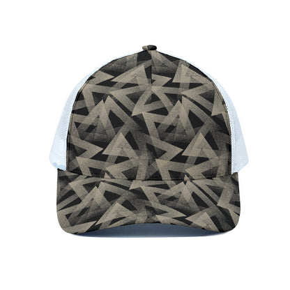 Black And Beige Geometric Triangle Print White Mesh Trucker Cap