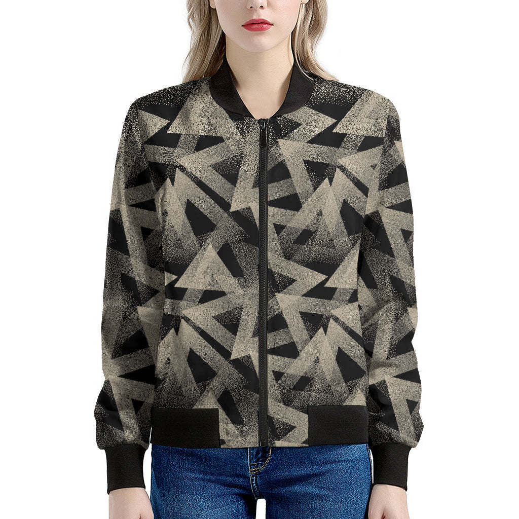 Black And Beige Geometric Triangle Print Women's Bomber Jacket