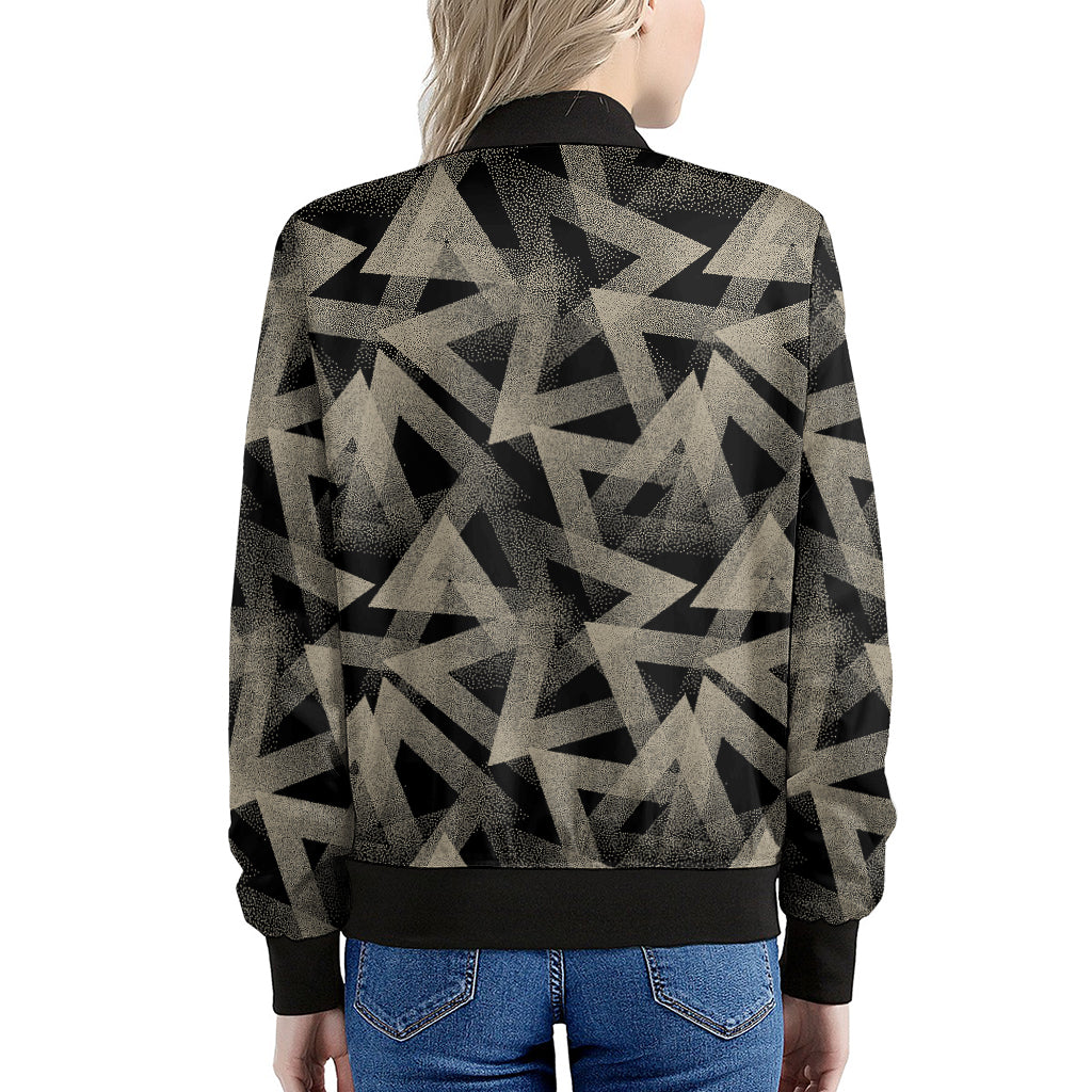 Black And Beige Geometric Triangle Print Women's Bomber Jacket