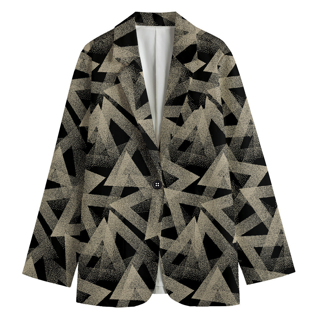 Black And Beige Geometric Triangle Print Women's Cotton Blazer
