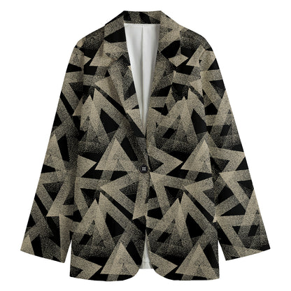 Black And Beige Geometric Triangle Print Women's Cotton Blazer