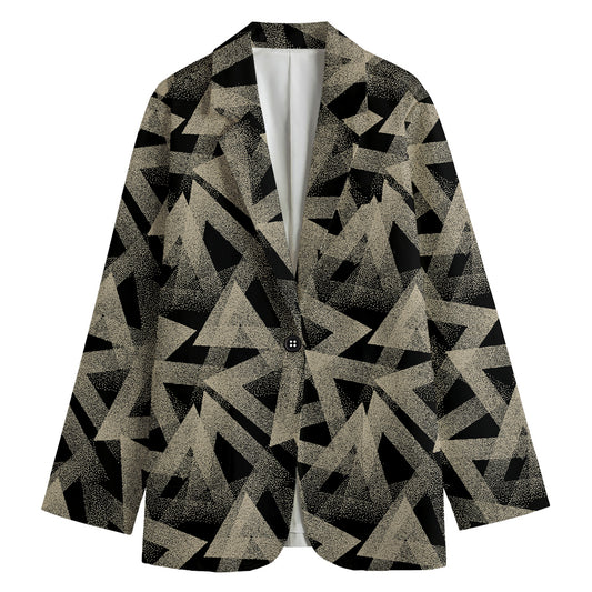 Black And Beige Geometric Triangle Print Women's Cotton Blazer