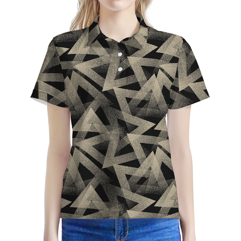 Black And Beige Geometric Triangle Print Women's Polo Shirt