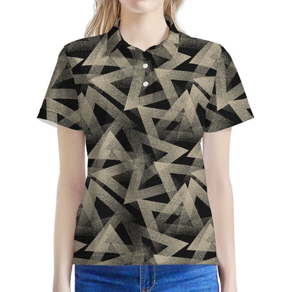 Black And Beige Geometric Triangle Print Women's Polo Shirt