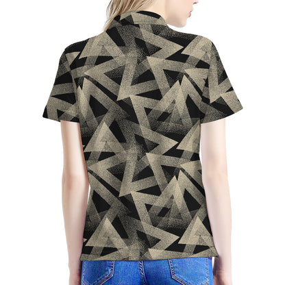Black And Beige Geometric Triangle Print Women's Polo Shirt