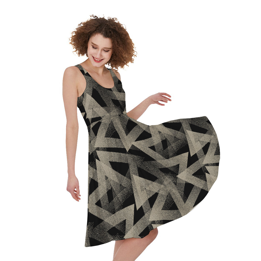 Black And Beige Geometric Triangle Print Women's Sleeveless Dress