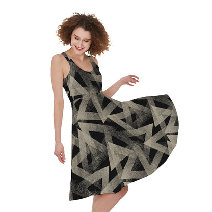 Black And Beige Geometric Triangle Print Women's Sleeveless Dress