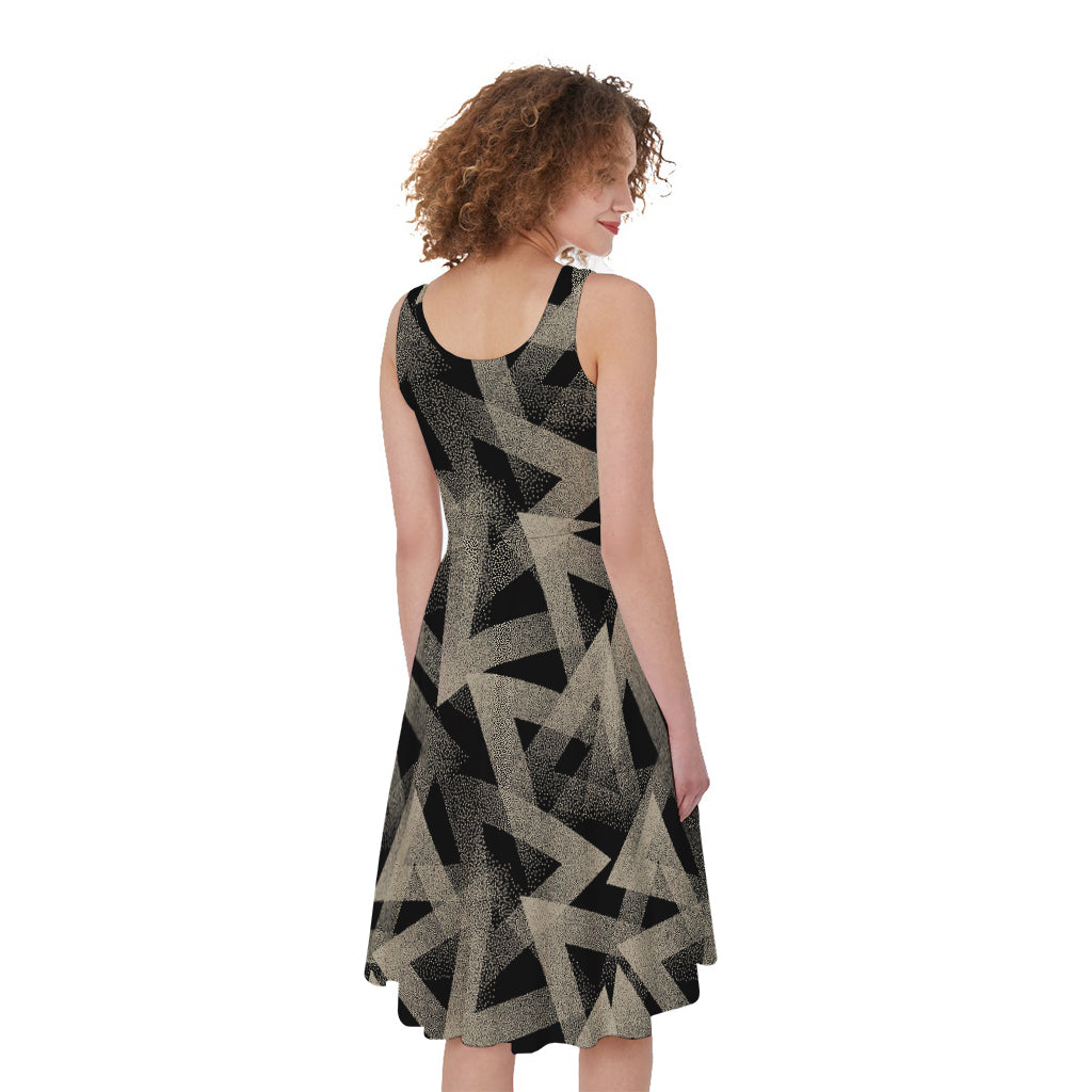 Black And Beige Geometric Triangle Print Women's Sleeveless Dress