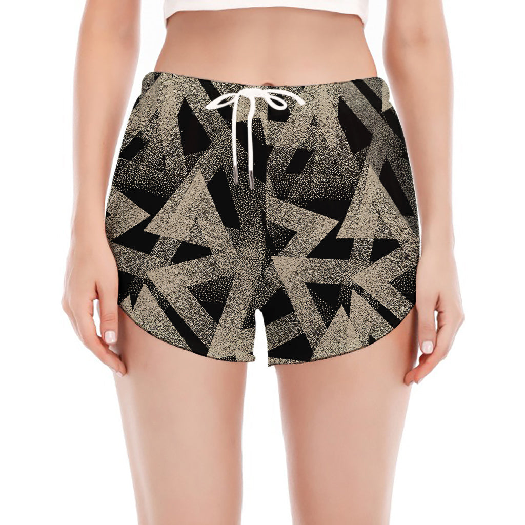 Black And Beige Geometric Triangle Print Women's Split Running Shorts