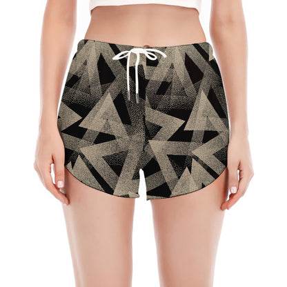 Black And Beige Geometric Triangle Print Women's Split Running Shorts