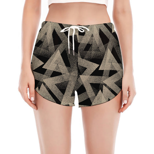 Black And Beige Geometric Triangle Print Women's Split Running Shorts