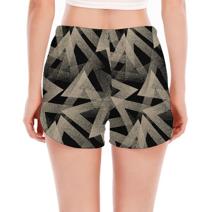Black And Beige Geometric Triangle Print Women's Split Running Shorts