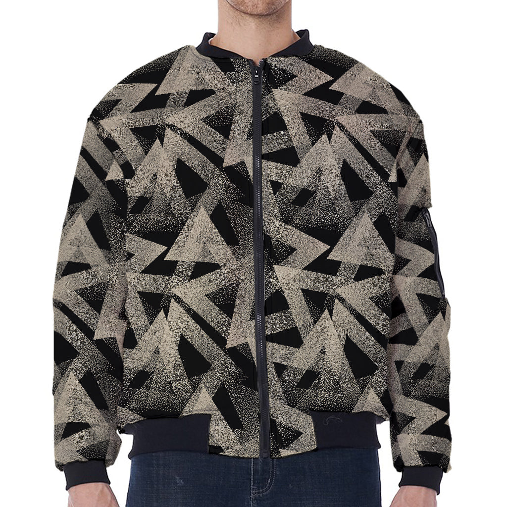 Black And Beige Geometric Triangle Print Zip Sleeve Bomber Jacket