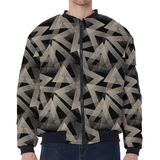 Black And Beige Geometric Triangle Print Zip Sleeve Bomber Jacket