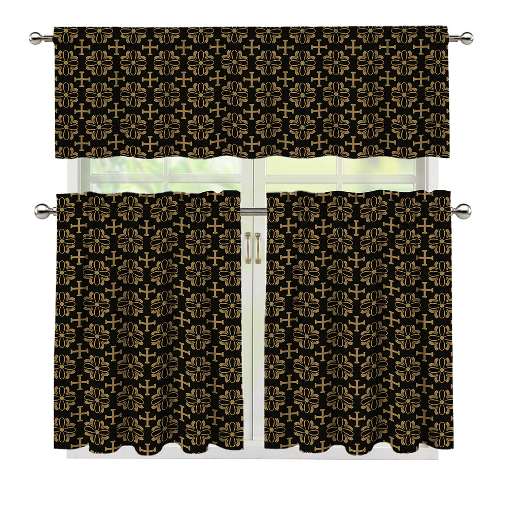 Black And Beige Orthodox Pattern Print 3 Piece Kitchen Curtains