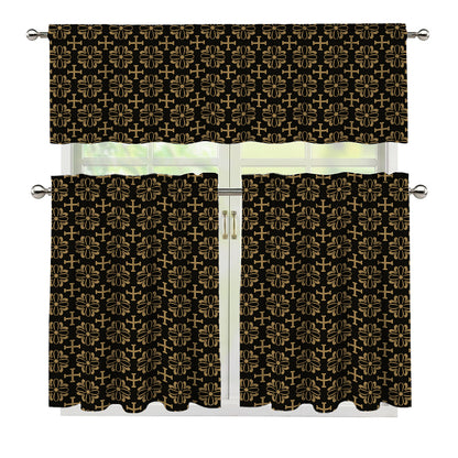 Black And Beige Orthodox Pattern Print 3 Piece Kitchen Curtains