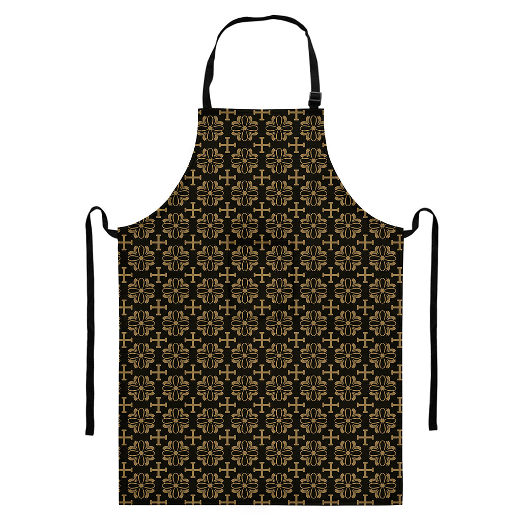 Black And Beige Orthodox Pattern Print Bib Apron With Pocket