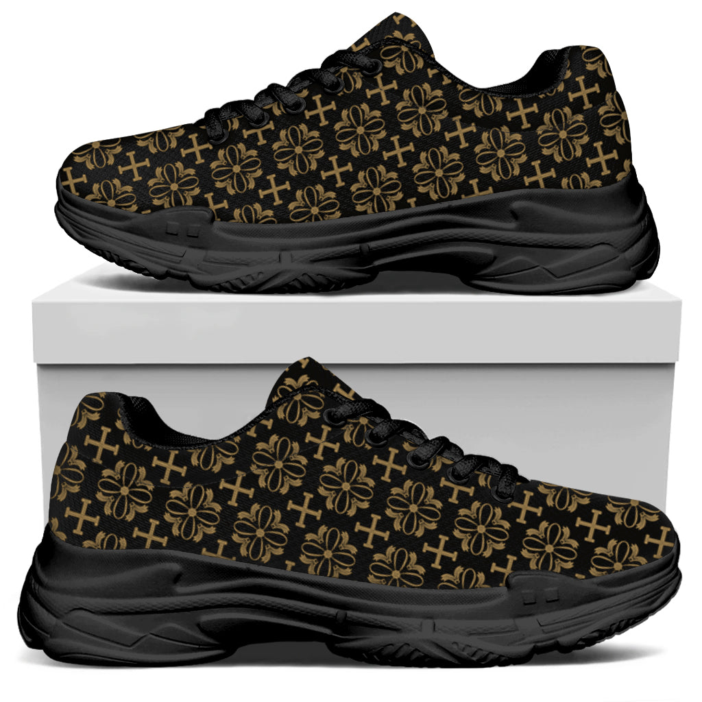 Black And Beige Orthodox Pattern Print Black Chunky Shoes
