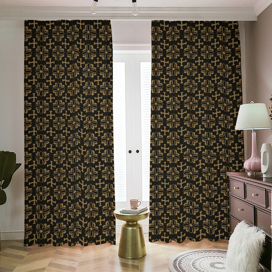 Black And Beige Orthodox Pattern Print Blackout Pencil Pleat Curtains