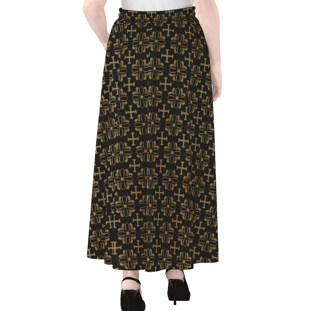 Black And Beige Orthodox Pattern Print Chiffon Maxi Skirt