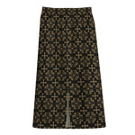 Black And Beige Orthodox Pattern Print Cotton Front Slit Maxi Skirt