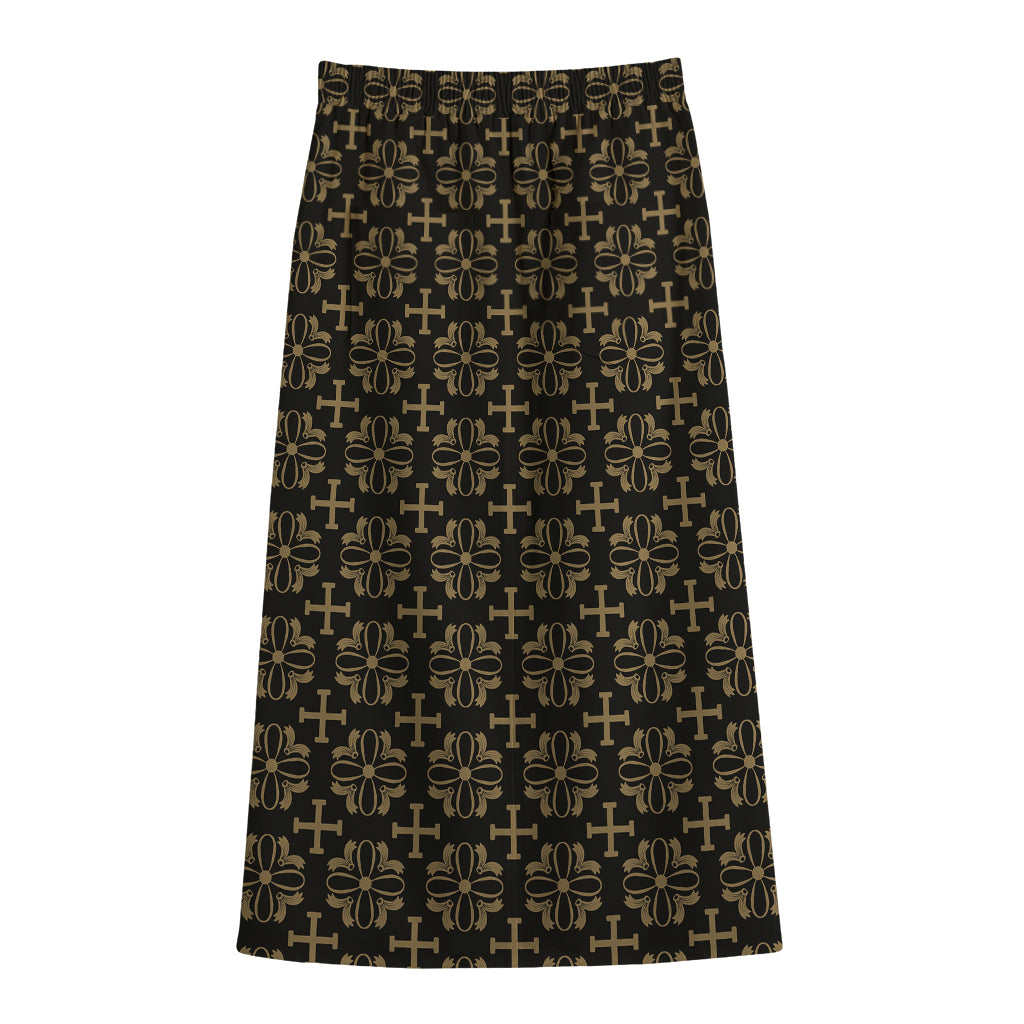 Black And Beige Orthodox Pattern Print Cotton Front Slit Maxi Skirt