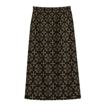 Black And Beige Orthodox Pattern Print Cotton Front Slit Maxi Skirt