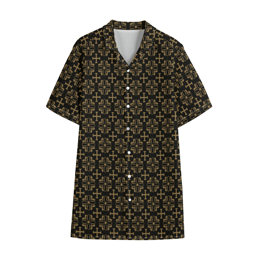 Black And Beige Orthodox Pattern Print Cotton Hawaiian Shirt