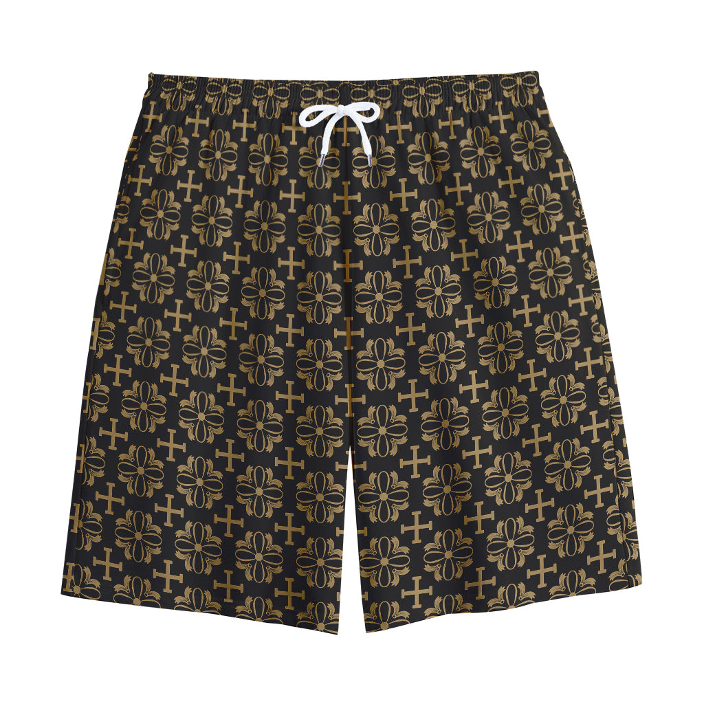 Black And Beige Orthodox Pattern Print Cotton Shorts