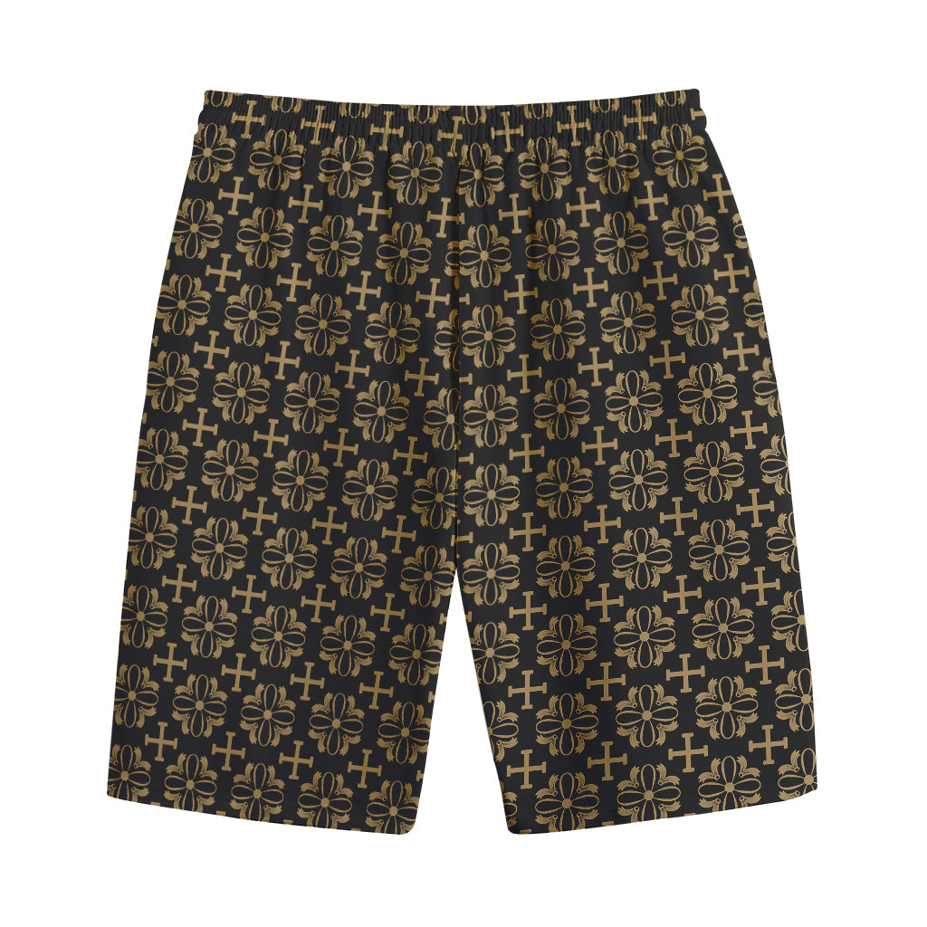 Black And Beige Orthodox Pattern Print Cotton Shorts