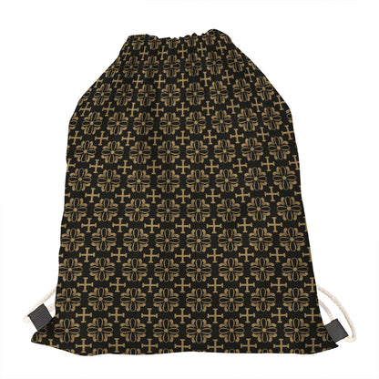 Black And Beige Orthodox Pattern Print Drawstring Bag
