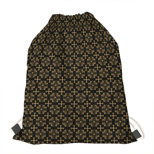 Black And Beige Orthodox Pattern Print Drawstring Bag