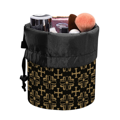 Black And Beige Orthodox Pattern Print Drawstring Makeup Bag