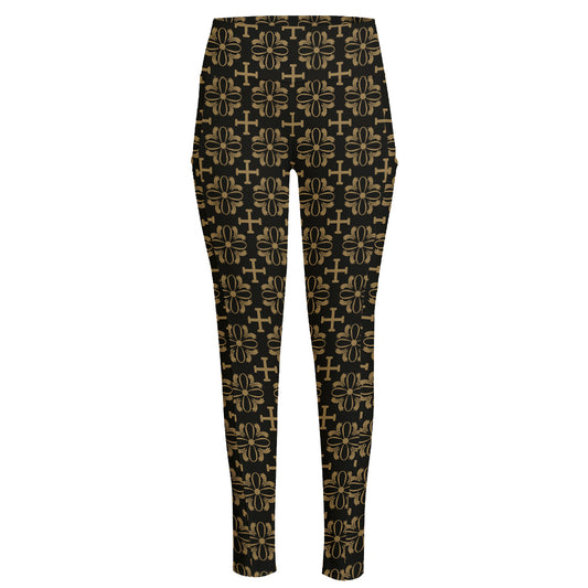 Black And Beige Orthodox Pattern Print High-Waisted Pocket Leggings
