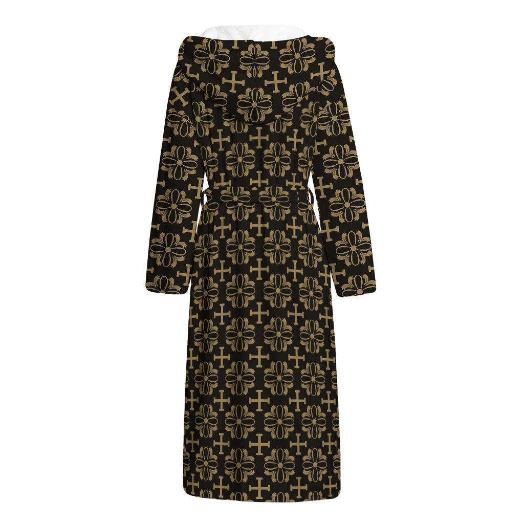 Black And Beige Orthodox Pattern Print Hooded Bathrobe