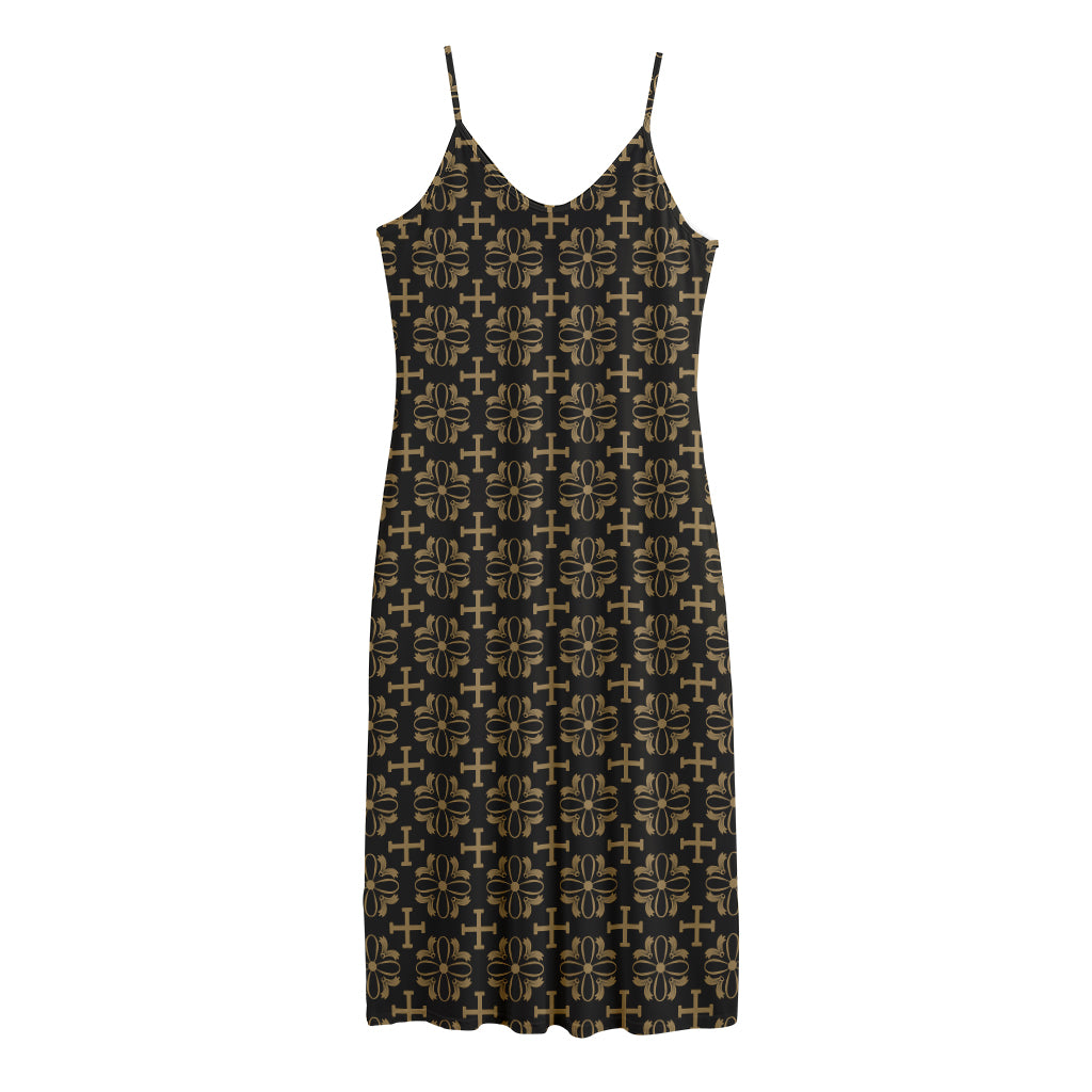 Black And Beige Orthodox Pattern Print Jersey Midi Cami Dress