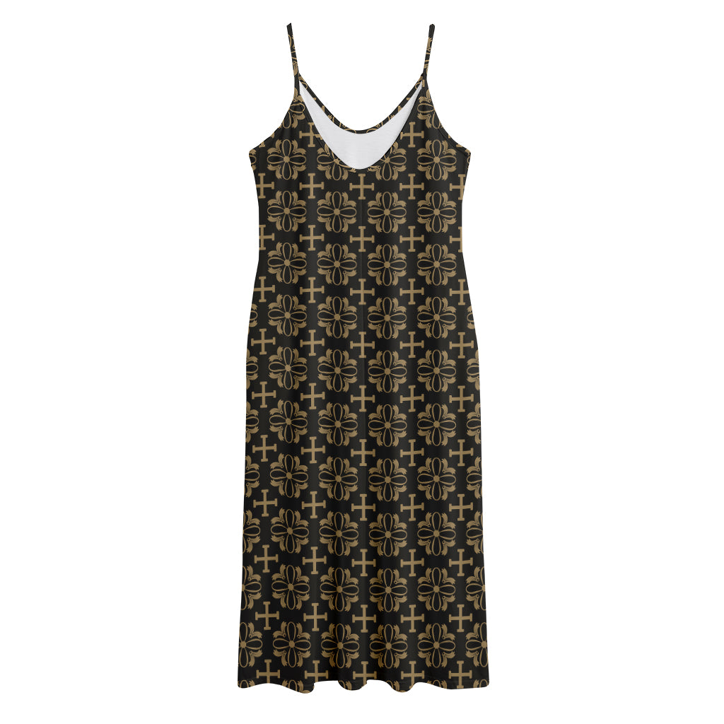 Black And Beige Orthodox Pattern Print Jersey Midi Cami Dress