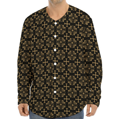 Black And Beige Orthodox Pattern Print Long Sleeve Baseball Jersey