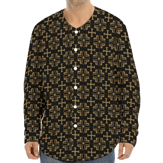 Black And Beige Orthodox Pattern Print Long Sleeve Baseball Jersey