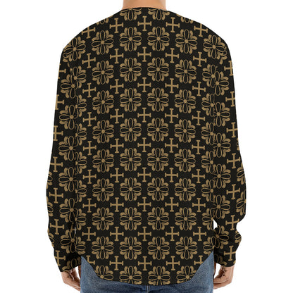Black And Beige Orthodox Pattern Print Long Sleeve Baseball Jersey