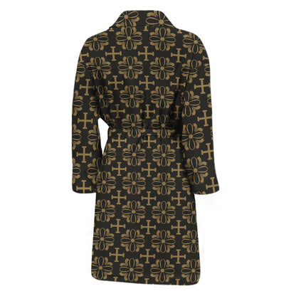 Black And Beige Orthodox Pattern Print Men's Bathrobe