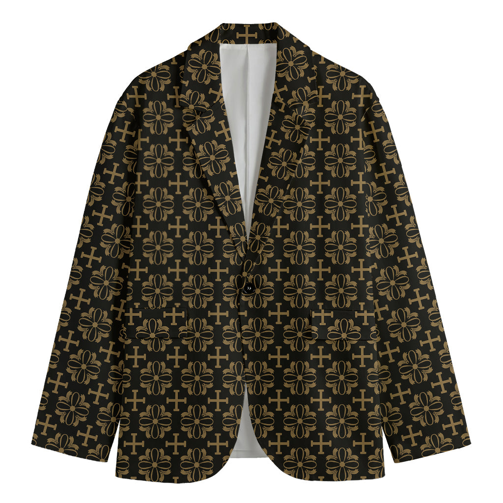 Black And Beige Orthodox Pattern Print Men's Blazer