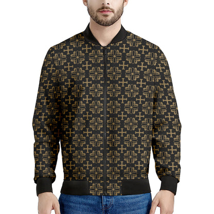 Black And Beige Orthodox Pattern Print Men's Bomber Jacket