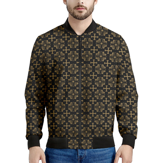Black And Beige Orthodox Pattern Print Men's Bomber Jacket